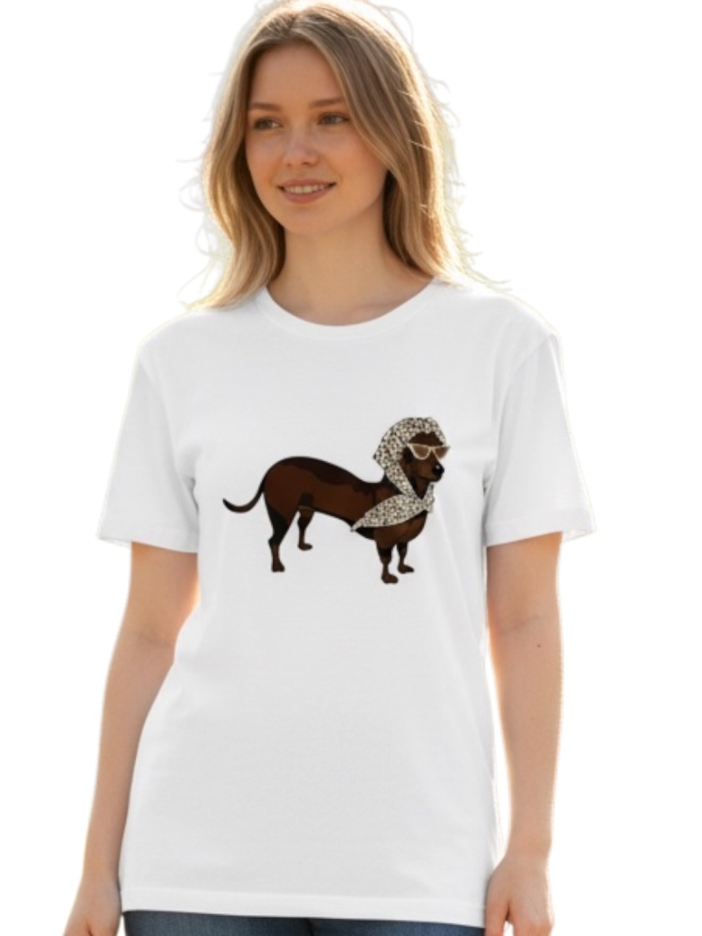 Kiss & Fly T-Shirt Womens Size L White Graphic Dachshund Crew Neck Short